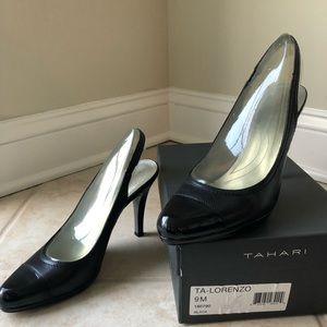 Tahari black patten leather heels